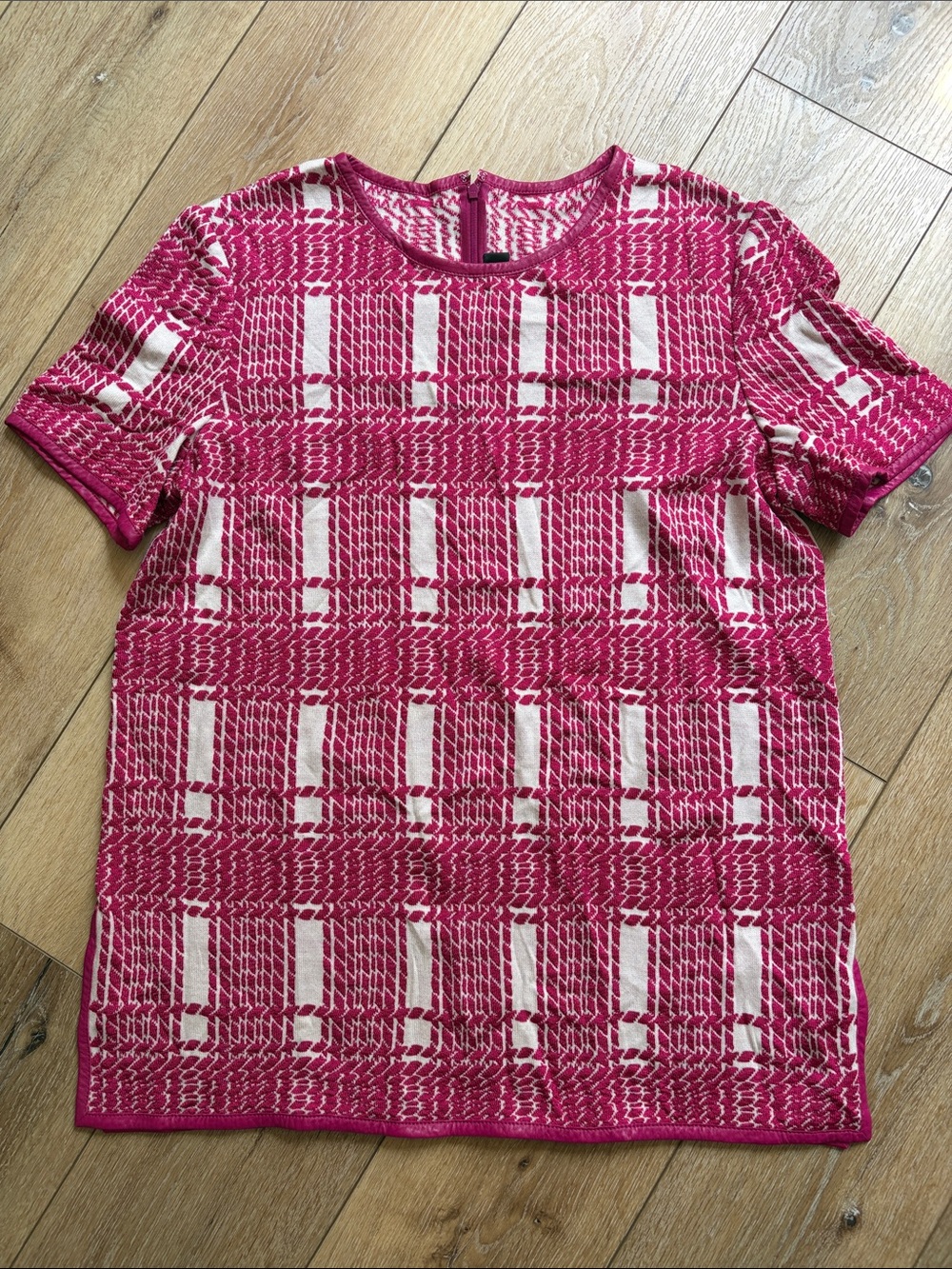 ST. JOHN Womens Wool Blend Leather Trim Knit Pink Tunic Top Short Sleeve 12